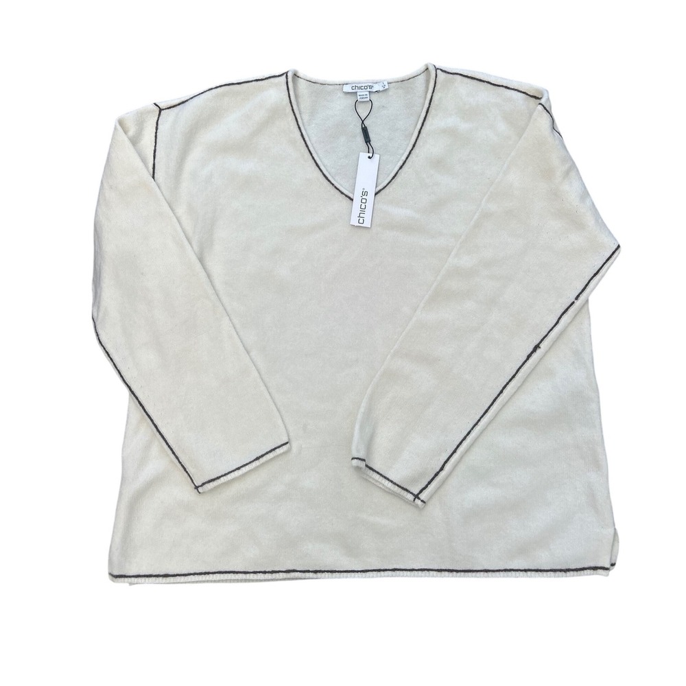 Chicos Contrast Stitch V-Neck Pullover Sweater English Cream Wool Blend Size 1 M